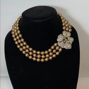Elegant 3 Strand Gold Pearl Necklace with Floral Rhinestone and Green Accent